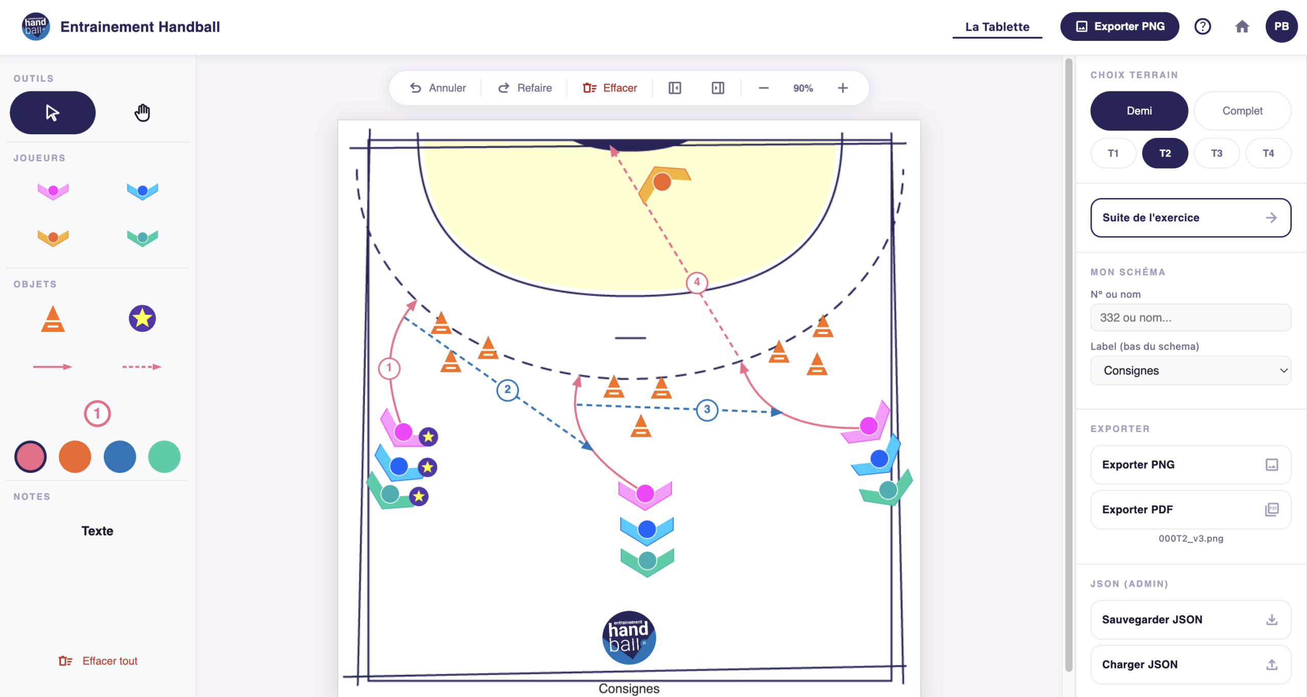 Apercu d un schema handball cree avec La Tablette handXPrience Studio