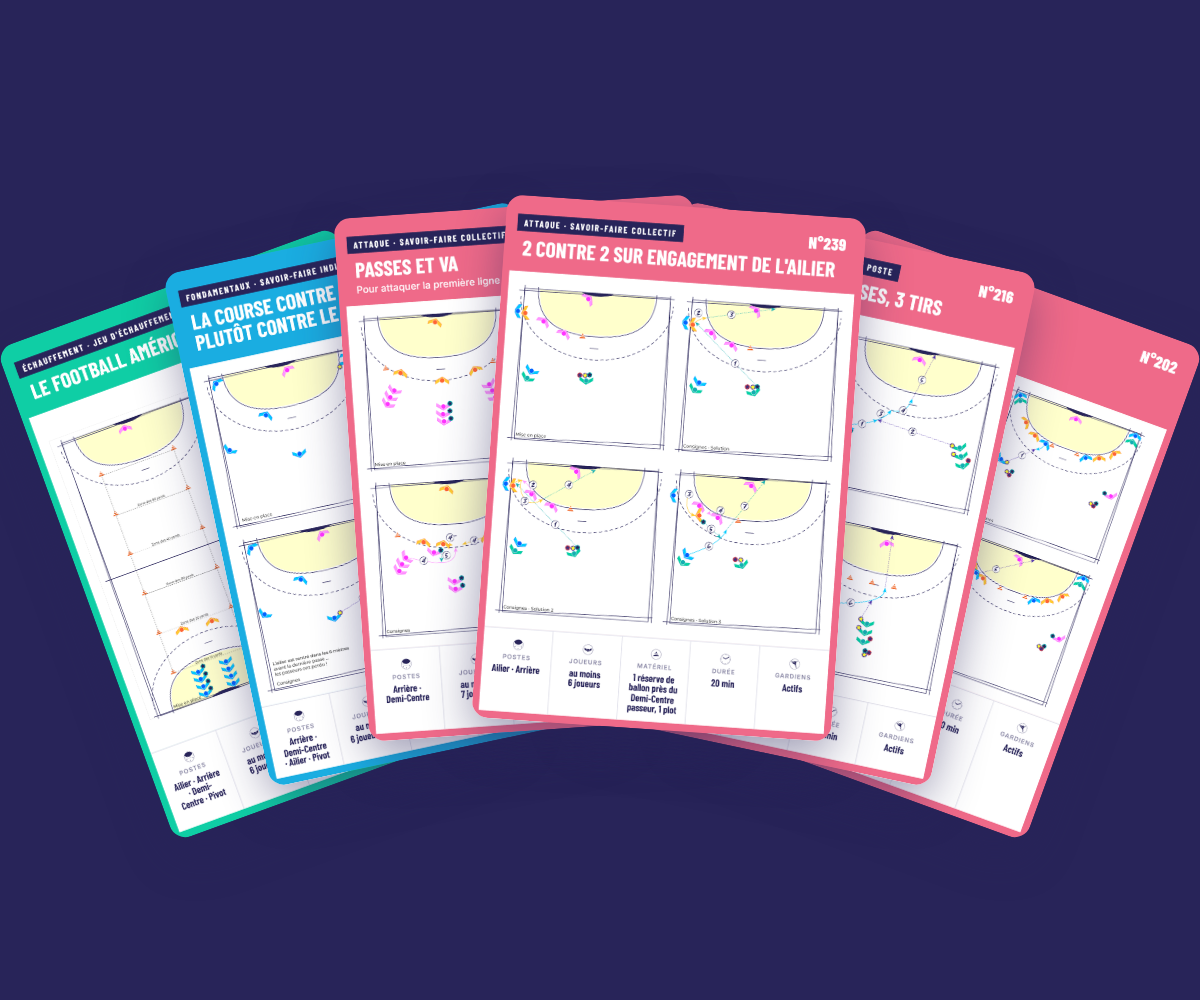Six cartes d&rsquo;exercices de handball pr&eacute;sent&eacute;es en &eacute;ventail