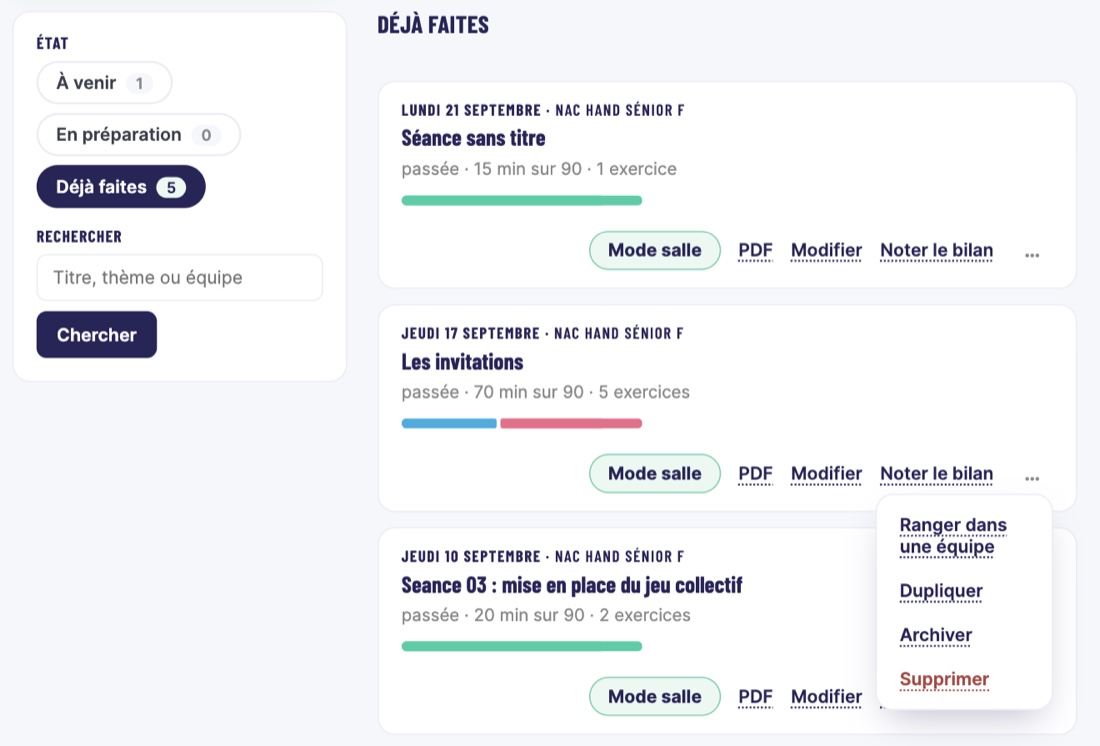 Le menu « … » ouvert sur une séance déjà faite, avec Ranger dans une équipe, Dupliquer, Archiver et Supprimer