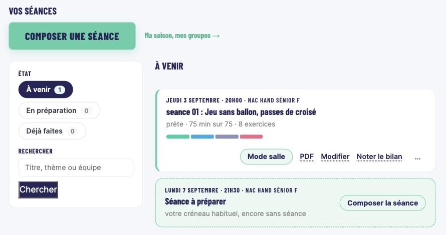 Mes séances : le bouton Composer une séance, une séance prête et un créneau sans séance
