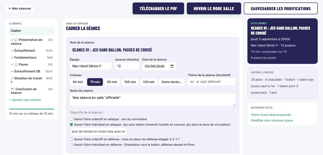 Le composeur, écran Cadrer la séance