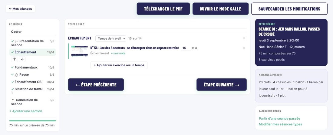 Un temps du déroulé avec un exercice posé, et le bouton Ajouter un exercice ou un temps