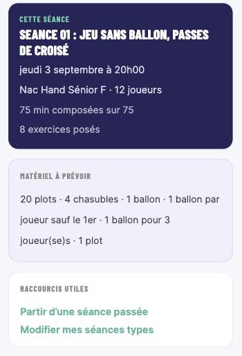 Les cartes Cette séance, Matériel à prévoir et Raccourcis utiles