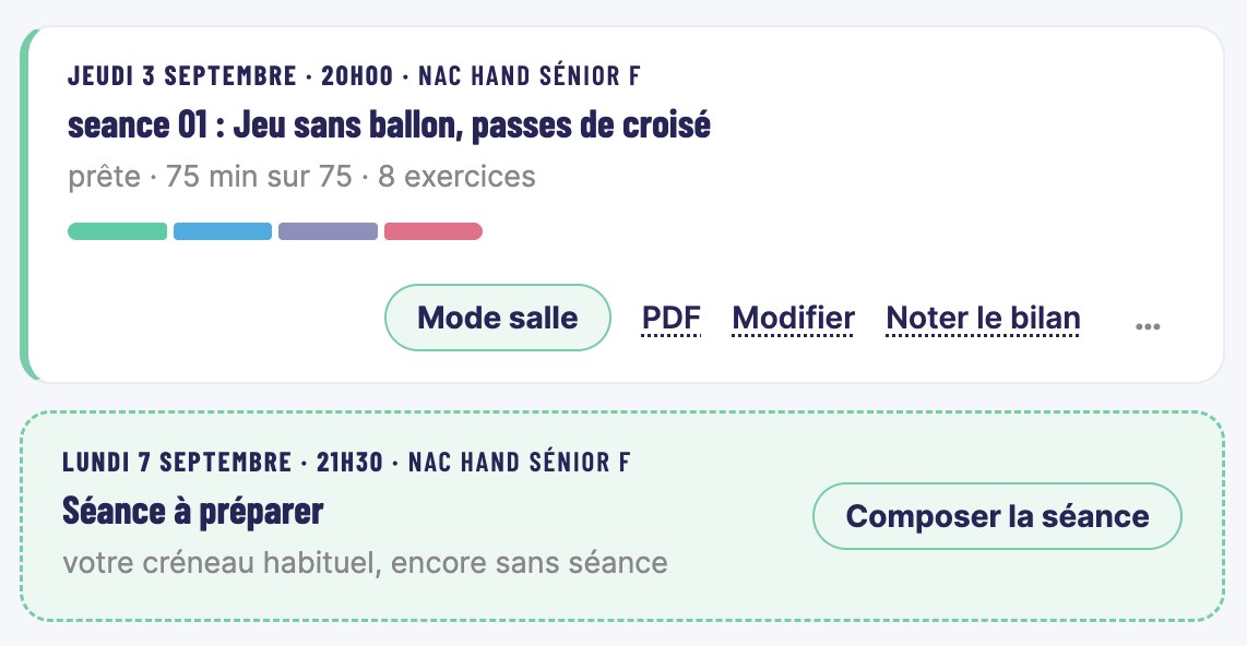 La tuile d'une séance : Mode salle, PDF, Modifier, Noter le bilan