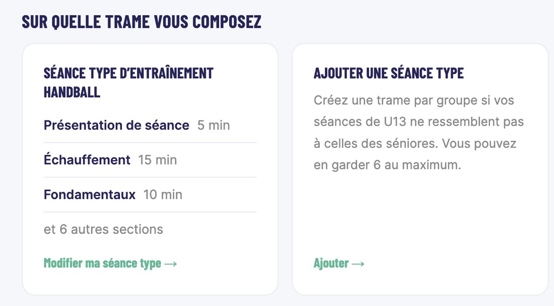 Ma saison : la section Sur quelle trame vous composez, avec la séance type et la carte Ajouter une séance type