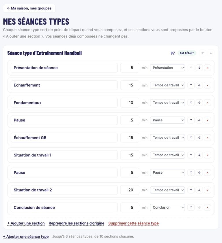 L’écran Mes séances types : les neuf sections de la séance type, leurs minutes et leur type