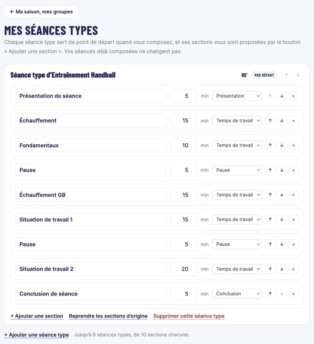 L’écran Mes séances types : les neuf sections de la séance type, leurs minutes et leur type