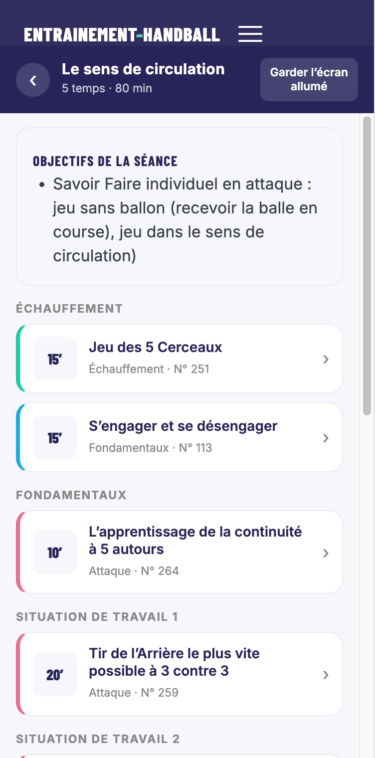 Le plan d’une séance en mode salle sur téléphone : objectifs de la séance, puis les exercices par section avec leur temps
