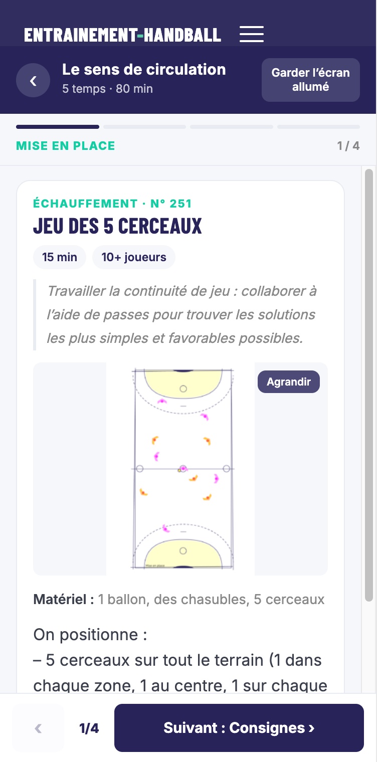 Un exercice ouvert en mode salle sur téléphone, avec son schéma, le bouton Agrandir et le bouton Suivant
