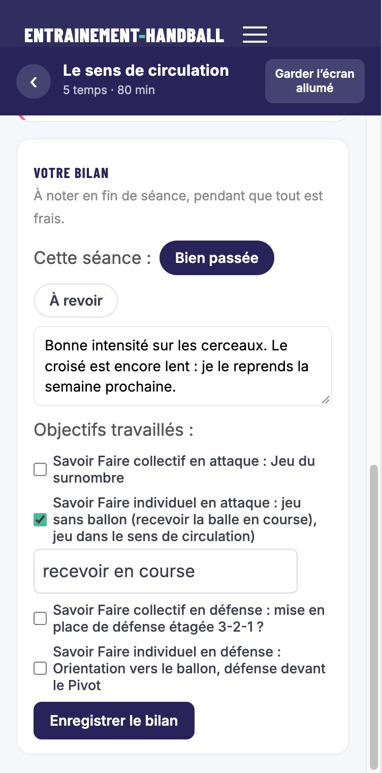 Le bloc Votre bilan rempli en mode salle : séance bien passée, une note et un objectif coché