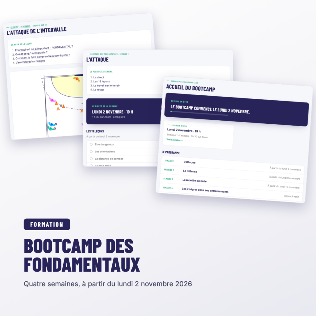 Trois écrans de l'espace du bootcamp : une leçon, une semaine et l'accueil.