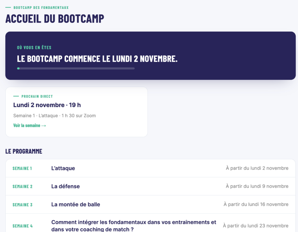 L'accueil du bootcamp dans votre espace entraîneur, avec le prochain direct et le programme des quatre semaines.